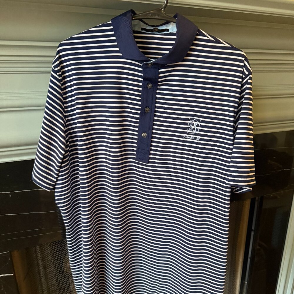 Greyson 4 button collared blue & white strip polo TPC Sugarloaf Logo Size Large